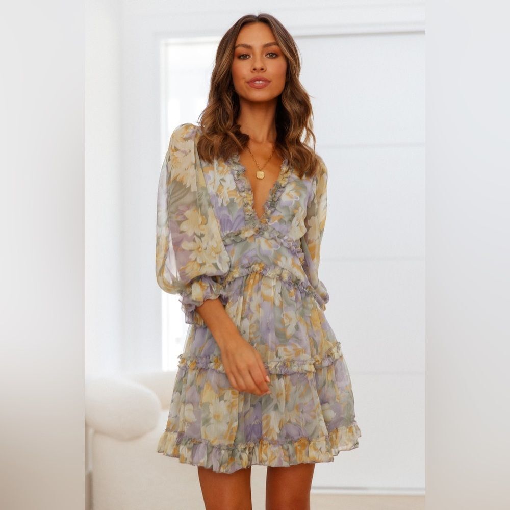 Petal & Pup Pastel Floral Long Sleeve Mini Dress - Yellow & Lavender